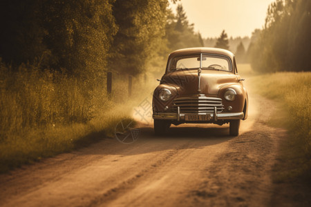 乡村道路上行驶的老式汽车图片