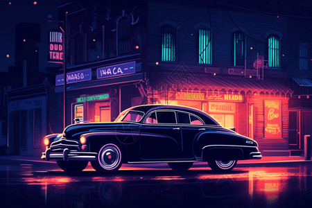 汽车前档黑色汽车停在充满霓虹灯的夜总会前插画