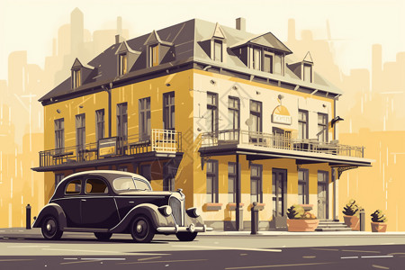小镇老式酒店前的古董汽车图片
