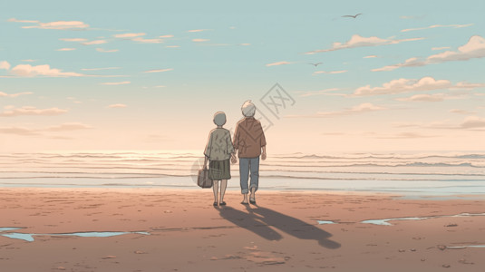 老年夫妻形象安静的海滩上插画