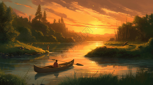 木舟与沿河沿河景观高清图片