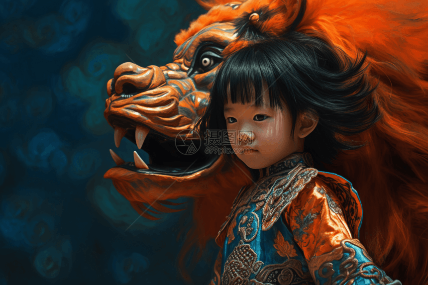 中国风可爱漂亮小女孩和中国舞狮合影图片