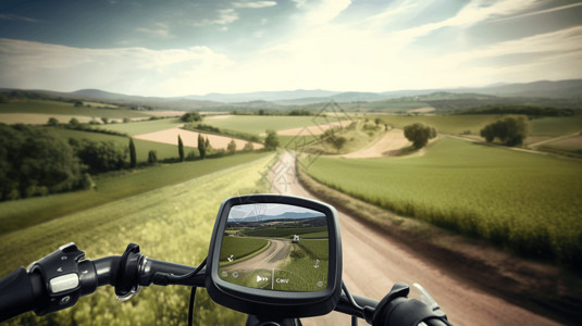 摩托车后视镜风景如画的乡村插画