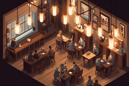 小清新咖啡馆坐满顾客的咖啡屋插画