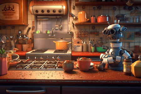 厨房俯视图机器人的厨师插画