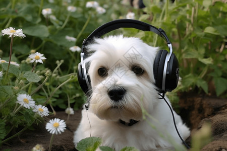 动物耳机素材花园中的白色小狗背景
