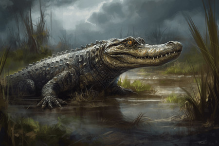 泥泞沼泽中的恐怖鳄鱼插画