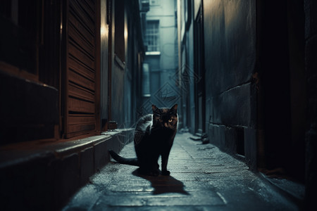 动物坐在街上黑暗中的黑猫背景