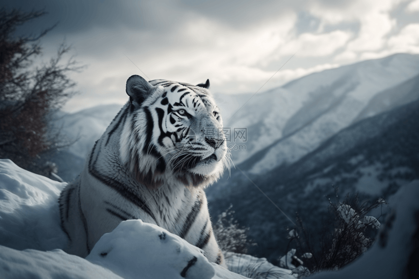 雪地中的白色虎图片