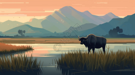 青草池塘河流旁的水牛插画
