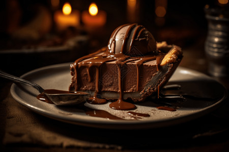 香草布丁巧克力雪糕球在蛋糕上背景