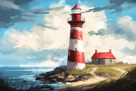 海边屋子灯塔旁的小红房插画