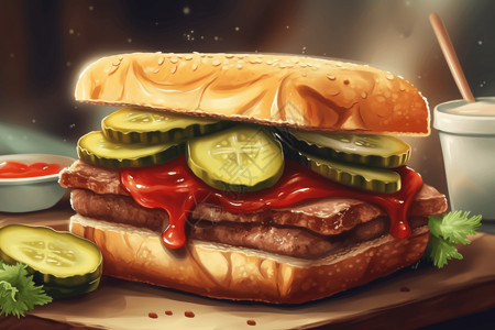 泡菜汉堡三明治泡菜和酱汁插画