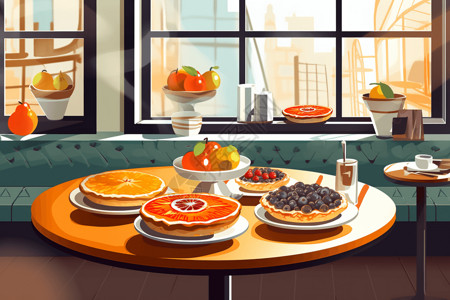 时尚咖啡馆里的五颜六色水果馅饼，内部别致现代。风格: 平面插图。插画