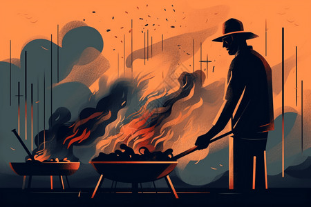 木炭火在木炭烤架上烤串插画