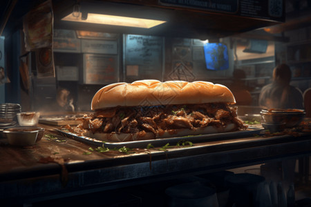 炖肉料夹着炖肉的超大三明治设计图片