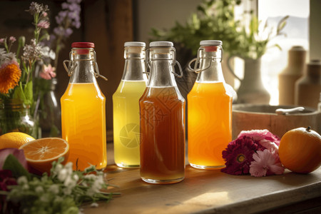 鲜花展示玻璃瓶中展示的各种果汁背景