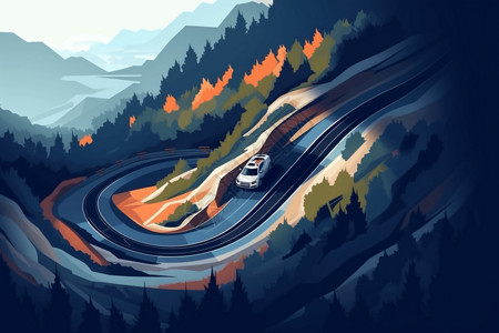 山区道路上行驶的汽车插画