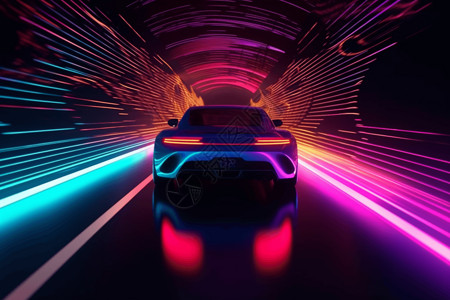 跑车飞驰在城市的霓虹隧道图片