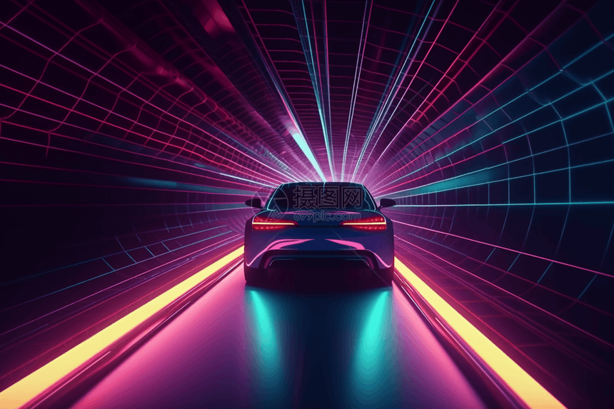 跑车行驶在霓虹隧道图片
