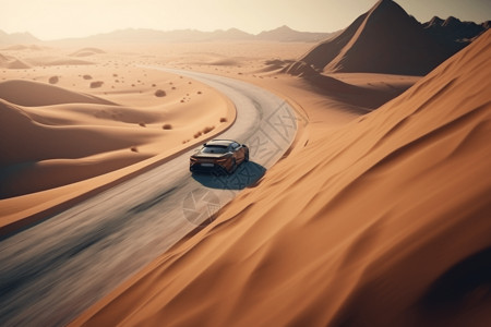 沿着沙漠公路飞驰的跑车图片