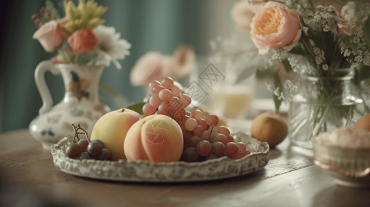 茶几上的水果和鲜花背景图片