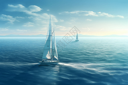 广阔大海帆船在大海中航行插画