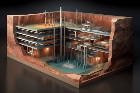 地热发电厂的3D横截面背景图片