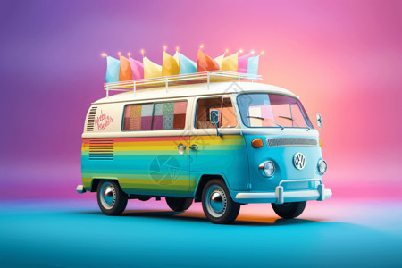 路边的灯光彩色的冰淇淋车插画