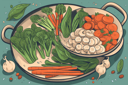 胡萝卜菠菜锅中的蔬菜插画