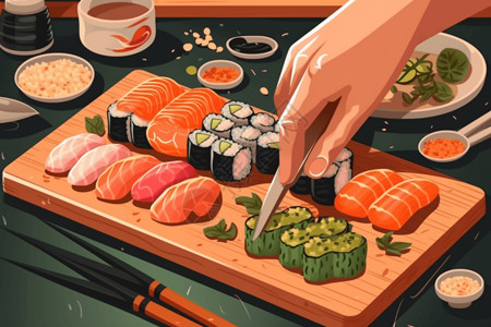 三文鱼刺身寿司可口的寿司卷插画