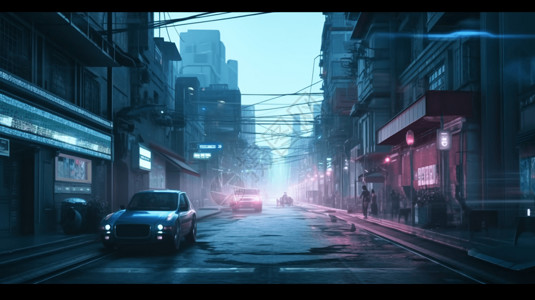 赛博朋克城市街景平面插图图片