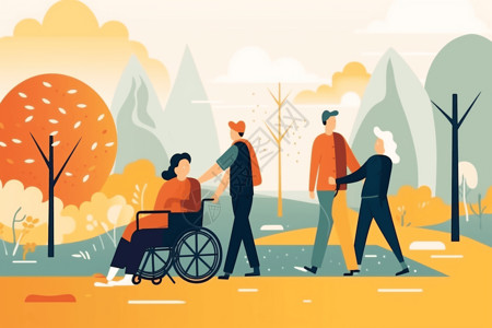 护工照顾坐在轮椅上的老奶奶坐在轮椅上的病人平面插图插画