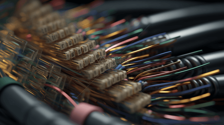 光纤电缆的复杂组件的特写图片