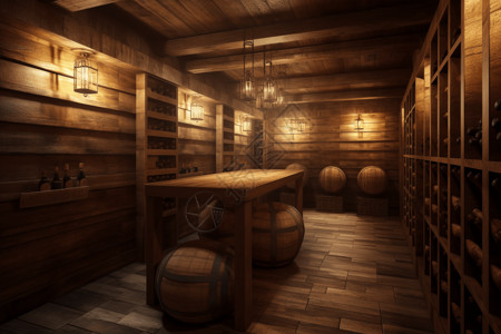 木质酒桶地下酒窖3D渲染图设计图片