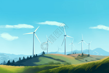 丘陵地形上的风力涡轮机插画