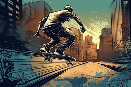 城市街区一个人滑板平面插图插画
