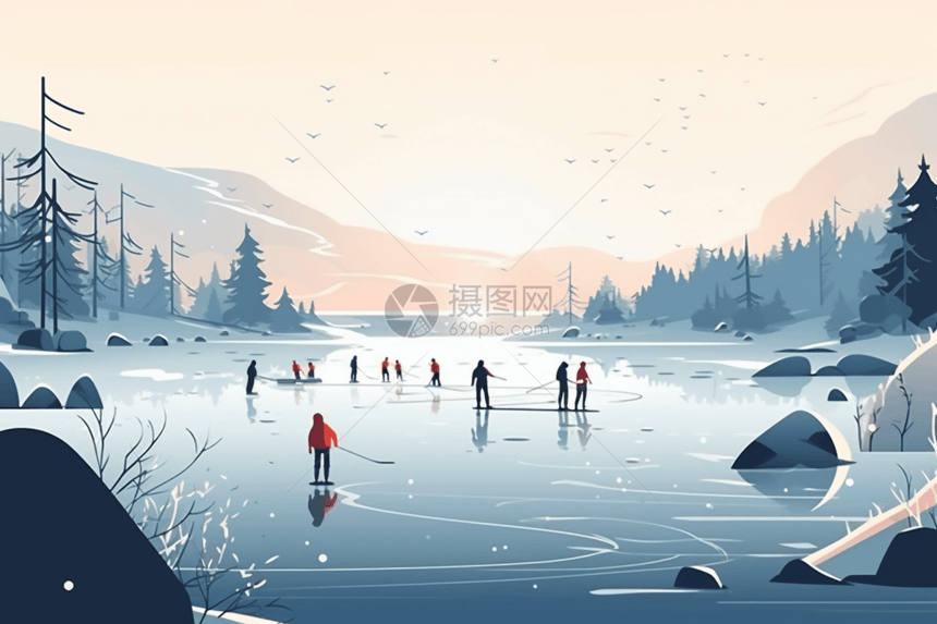 湖上滑冰的创意插图图片