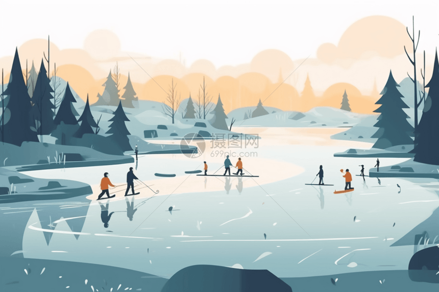 湖上滑冰的平面插图图片