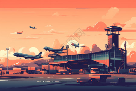 飞机起降繁忙机场的创意插图插画