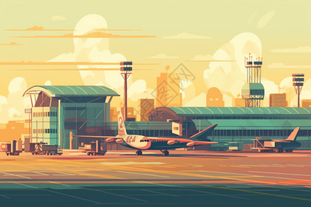 飞机起降繁忙机场的平面插图插画