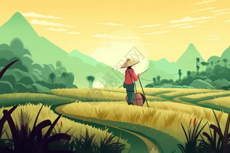 农民在稻田里收割水稻平面插图图片
