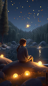 女孩坐在篝火旁平面插图背景图片