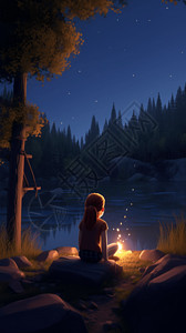 女孩坐在星光灿烂的篝火旁插图背景图片