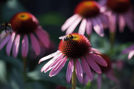 粉色倒圆锥带蜜蜂的紫色圆锥花背景