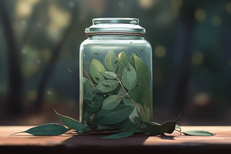 一片叶玻璃罐里的桉树叶创意插图插画
