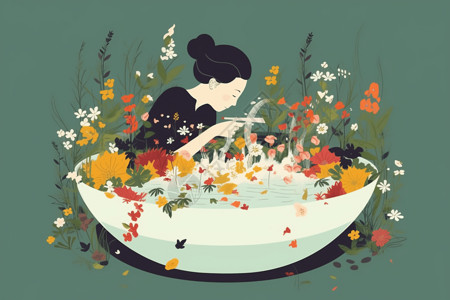 鲜花浴中草药浴的平面插图插画