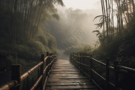 迷雾中的木桥高清图片