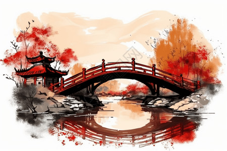红色拱桥中国风的拱桥插画