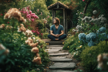 男子在花园放松图片